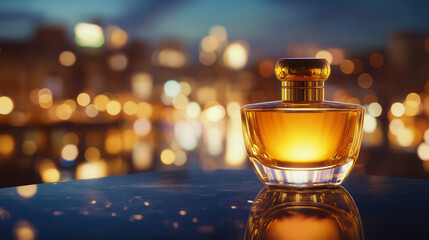Sleek perfume bottle glimmering on mirrored surface, dusk city lights blending into elegant, luxe background of soft focus urban glow