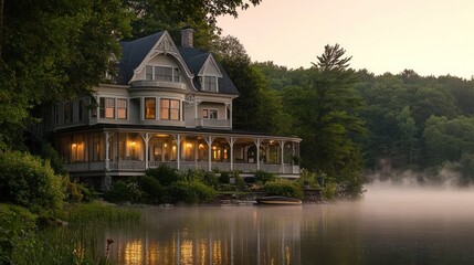 Obraz premium Elegant Victorian lakeside mansion at sunrise