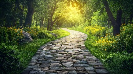 Serene forest path. Winding cobblestone path surrounded by lush greenery and yellow wildflowers leading into sunlit forest. Concepts of tranquility, nature and outdoor exploration
