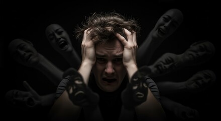 A digital illustration of a troubled mind hearing voices, symbolizing mental health struggles.
