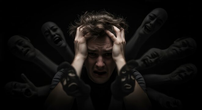 A digital illustration of a troubled mind hearing voices, symbolizing mental health struggles.

