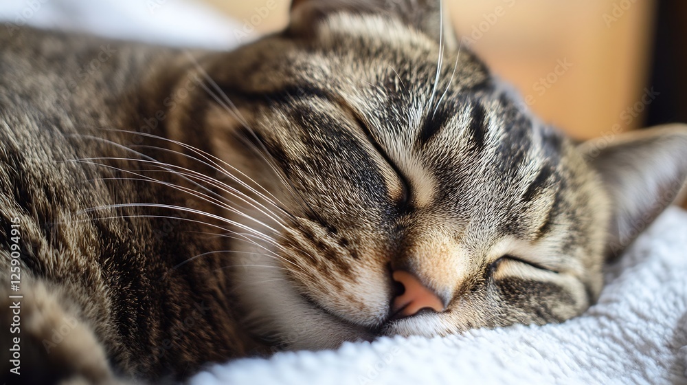 Poster Close up of peaceful cat sleeping soundly on a soft blanket with relaxed expression : Generative AI