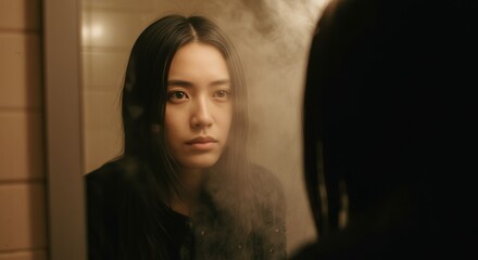 A person&rsquo;s gaze into the mirror reveals their struggle with identity and mental health challenges.
