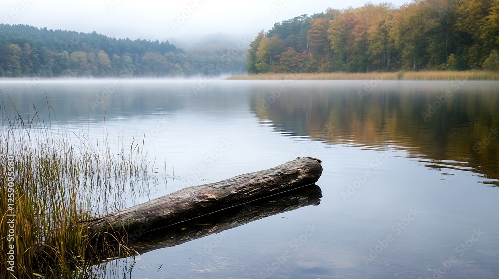 Poster tranquil misty lake surrounded by autumn trees in a scenic forest landscape : generative ai