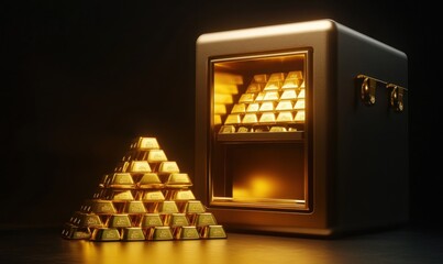 Golden Treasure: A 3D Render of Gold Bars in a Safe