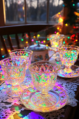 Fototapeta premium Refracted light dances through crystal glasses and onto a lace tablecloth, with festive lights blurred in the background.