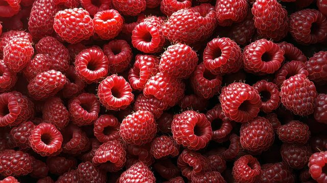 A dense arrangement of raspberries filling the whole space, their delicate, bumpy texture covering the entire view in bright red.