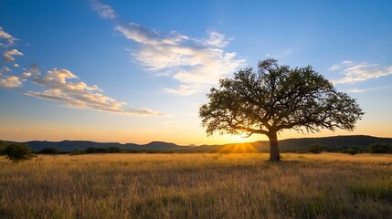 Fototapeta premium Majestic sunset over an open field with a lone tree silhouetted against the sky : Generative AI