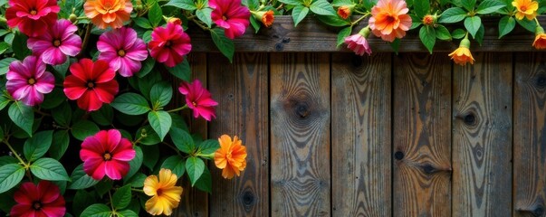 Fototapeta premium Colorful flowers twine around a wooden trellis, flowers, vines, garden