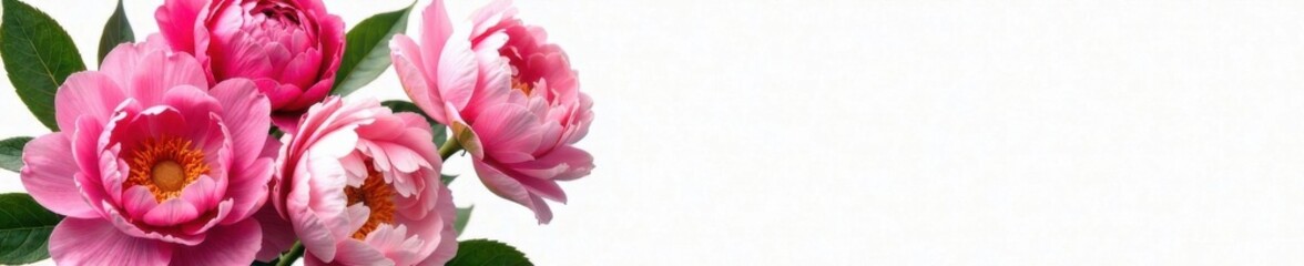 Fototapeta premium Colorful fresh peonies and roses in a beautiful arrangement on white background, spring bouquet, white background