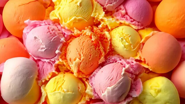 A background completely packed with scoops of sherbet in bright pink, orange, and yellow, tightly arranged to create a creamy, vibrant surface.
