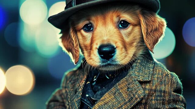 Adorable puppy in vintage attire poses charmingly at night with glowing city lights in the background