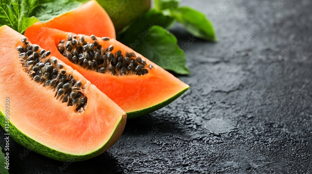 Poster fresh and juicy papaya slices displayed against a dark textured background : generative ai