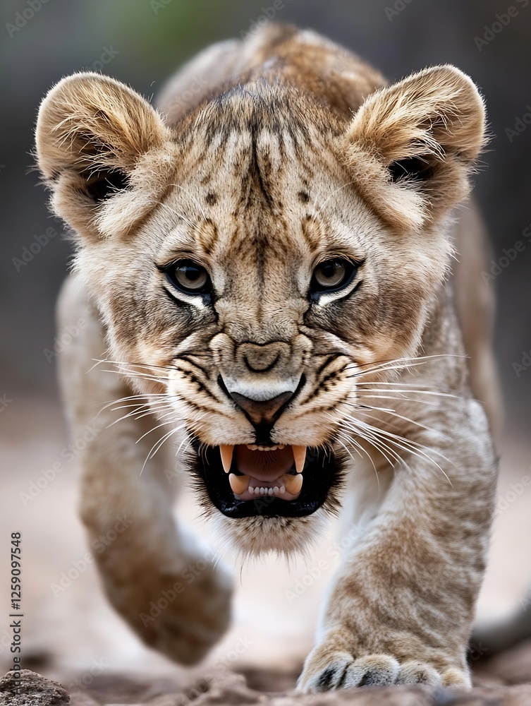 Poster Close Up of Fierce Lion Cub Prowling with Intense Expression Signifying Strength and Survival : Generative AI