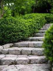 Obraz premium Scenic Stone Pathway Surrounded by Lush Green Hedges for Tranquil Garden Experience : Generative AI