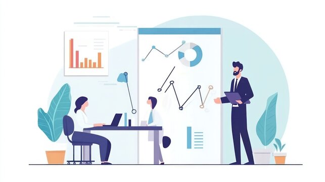 Business presentation with data charts and teamwork in the office space