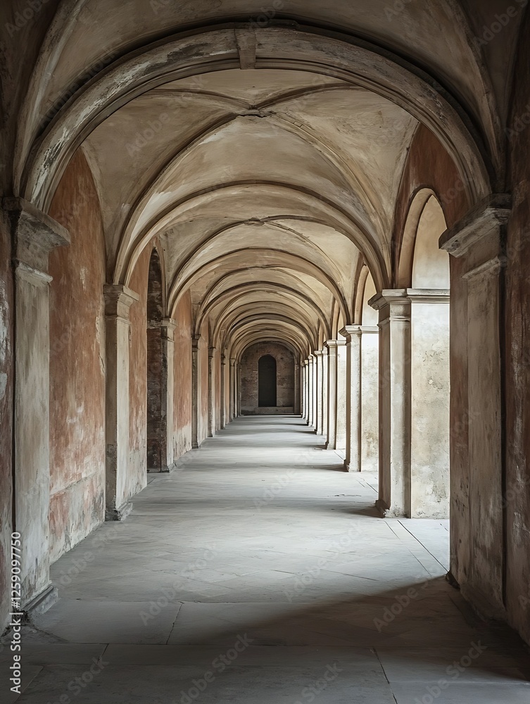 Poster serene passage with arches revealing soft natural light and historical structure : generative ai