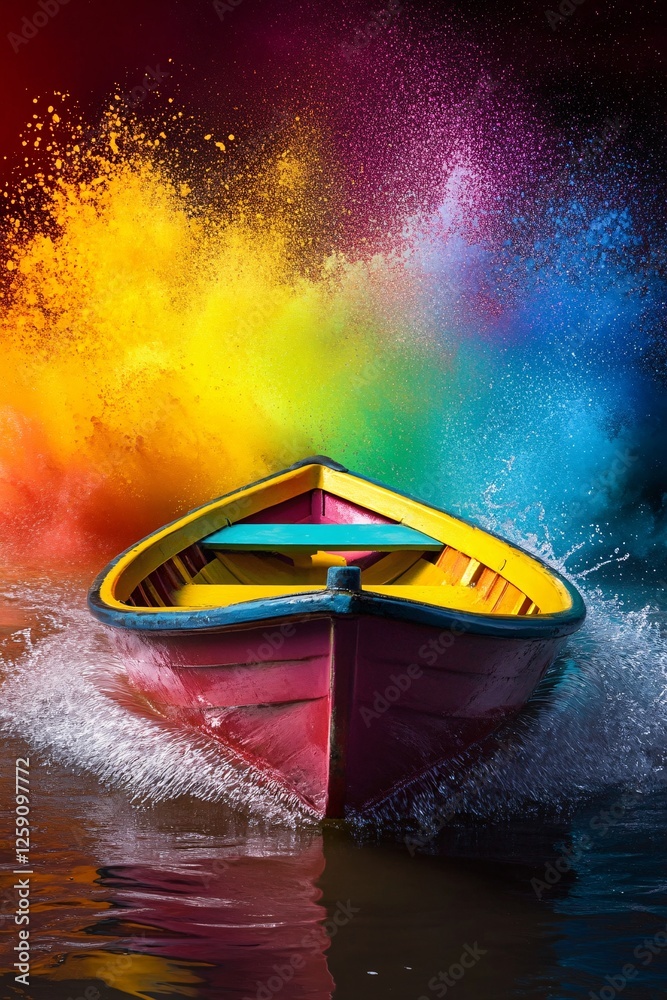 Aufkleber colorful boat sailing on water with a vibrant holi powder explosion in the background creating a dyn