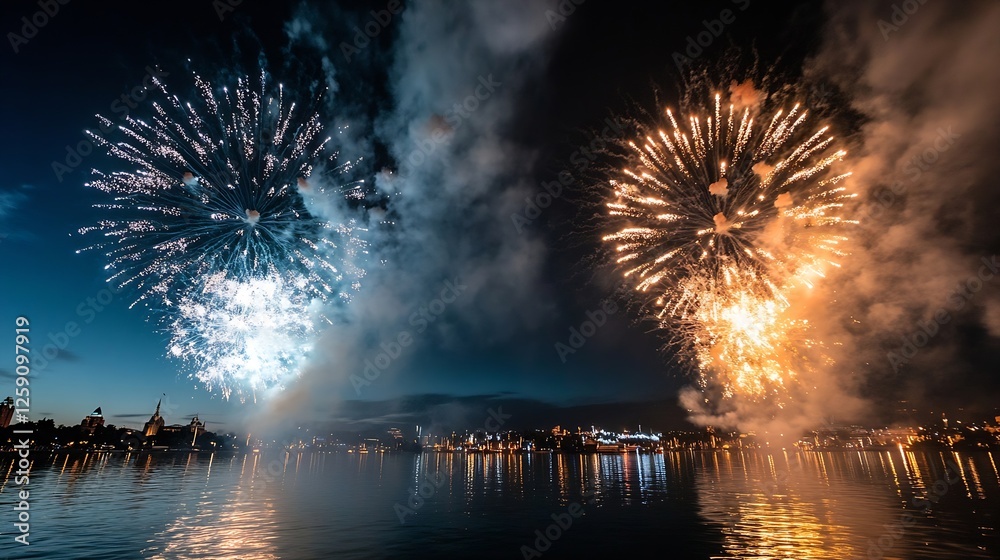 Poster spectacular fireworks display over a city skyline reflected on water surface : generative ai