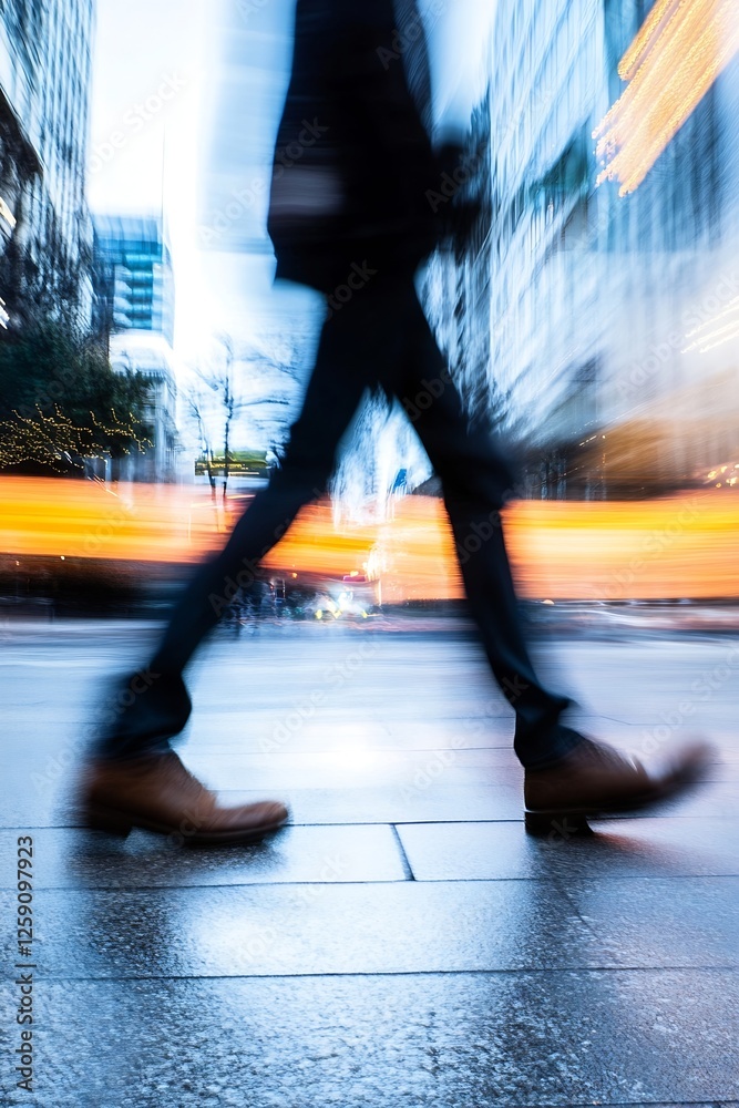 Poster Dynamic motion blur image of a person walking on city sidewalk captured with fast shutter speed for urban lifestyle : Generative AI