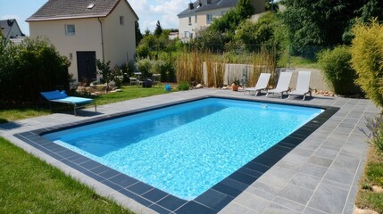 Backyard Swimming Pool with Lounge Chairs and Landscaping