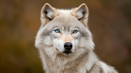Obraz premium Portrait of a White Wolf with Striking Blue Eyes Against a Brown Blurred Background