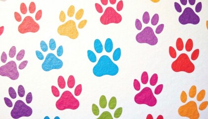 Colorful paw print pattern on white background , white, paw print