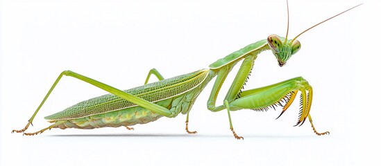 Close-up of a vibrant green praying mantis in a studio setting with a white background