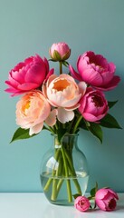 Fototapeta premium Colorful peony flowers in a vase, garden, peonies, colorful
