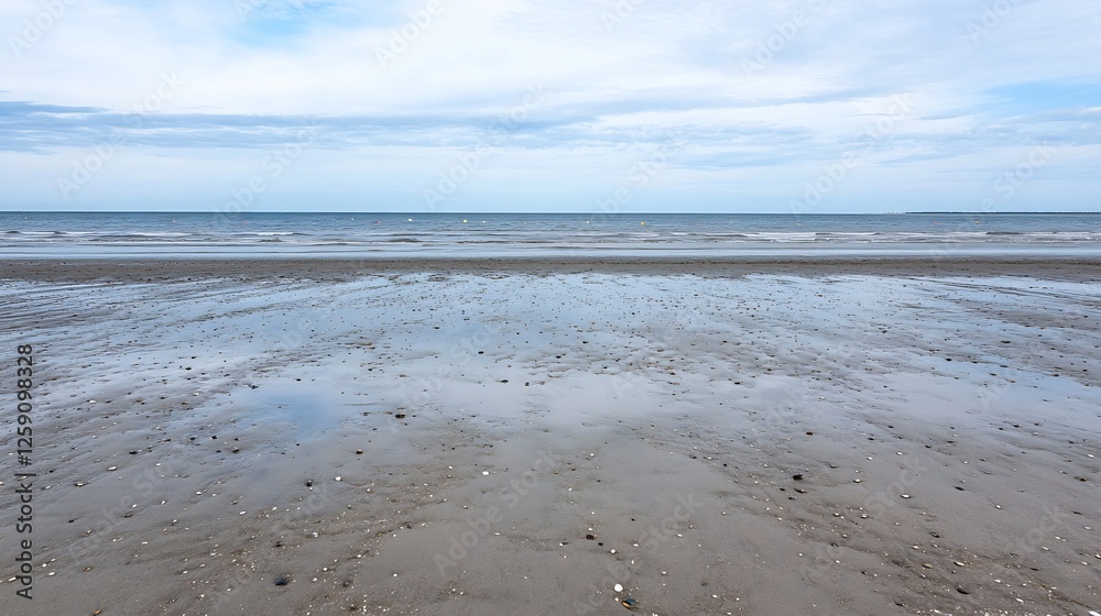 Poster calm beach scene with wet sand reflecting clouds and serene ocean waves : generative ai