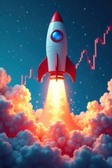 Fototapeta premium Colorful rocket blasting off into the sky with a financial chart in the background, startup, growth, chart