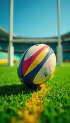 Colorful rugby ball bouncing on green grass with yellow lines and white goals in the background, sports equipment, yellow lines, cartoon style