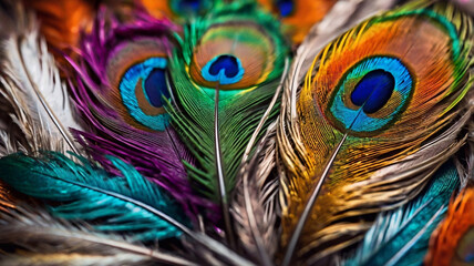 Fototapeta premium Patterns on bird feathers with vibrant peacock colors and fine texture