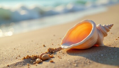 Obraz premium curved seashells on sandy beach with light golden hue, warm, sunlight