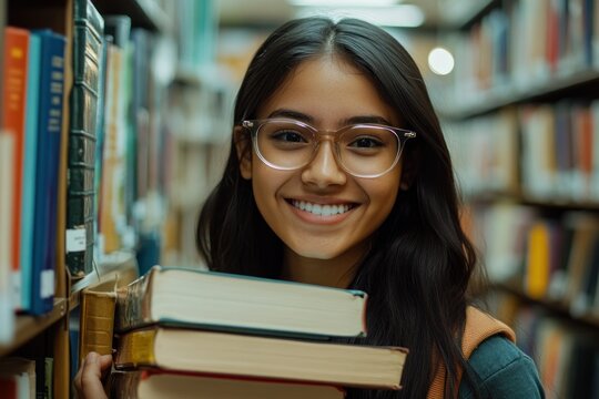 Smiling Student in Library with Books