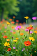 Colorful wildflowers swaying in the breeze amidst lush green foliage, nature scenery, green foliage, natural beauty