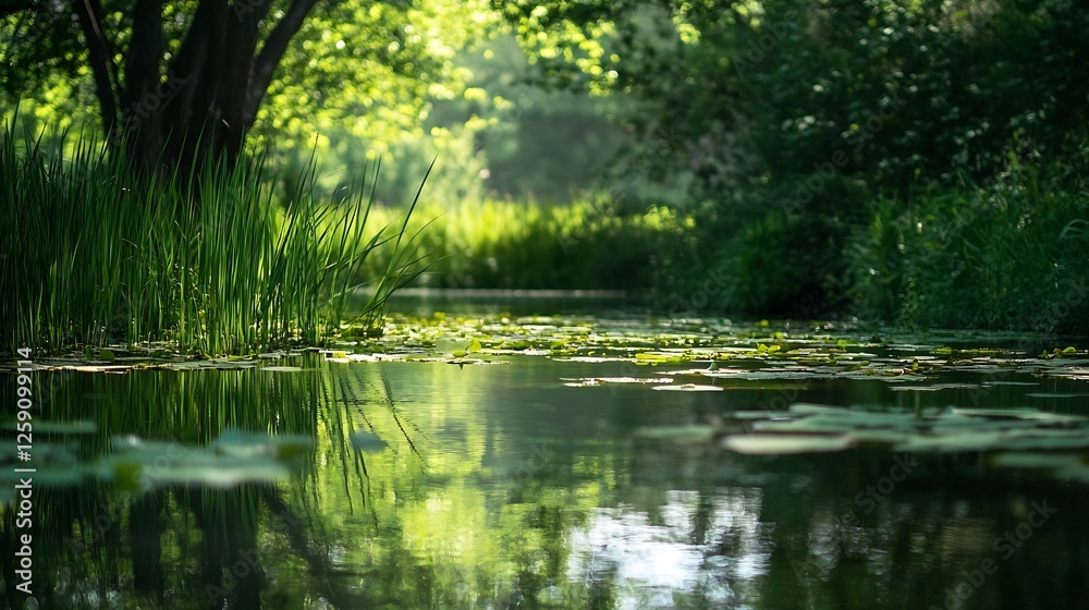 Poster serene nature scene with lush greenery and reflections on calm water surface : generative ai