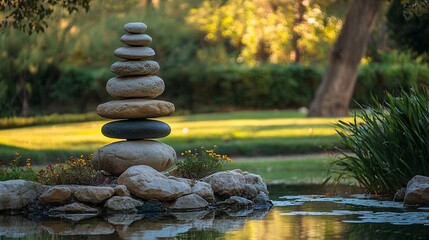 Obraz premium Balanced Stone Stack on a Beautiful Pond Surrounded by Lush Greenery and Natural Light : Generative AI