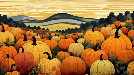 Vibrant Autumn Pumpkin Patch with Orange, Yellow, Green, and Black Pumpkins. Fall Harvest Illustration