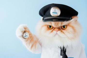 Persian cat wearing police uniform with badge and hat, adorable and fluffy pet posing