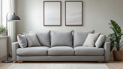 Contemporary gray sofa in a bright living room with natural light and stylish decor : Generative AI