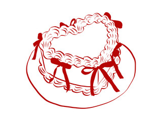 Girly cake heart shape of hand drawn line art style. Coquette cute birthday sweets with bow and ribbon for Birthday and Valentine day invitations templates. Doodle vector illustration