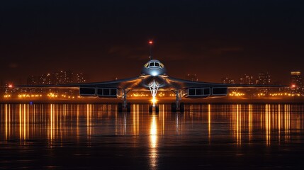 Night Flight: Supersonic Jet at Night Reflecting on Calm Waters