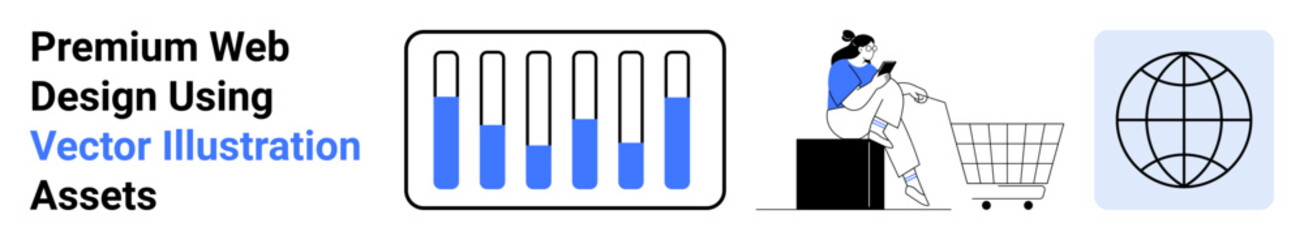 Bar chart with data progression, woman scrolling phone beside shopping cart, global interconnected network icon. Ideal for business, e-commerce, analytics, technology, marketing, web design flat
