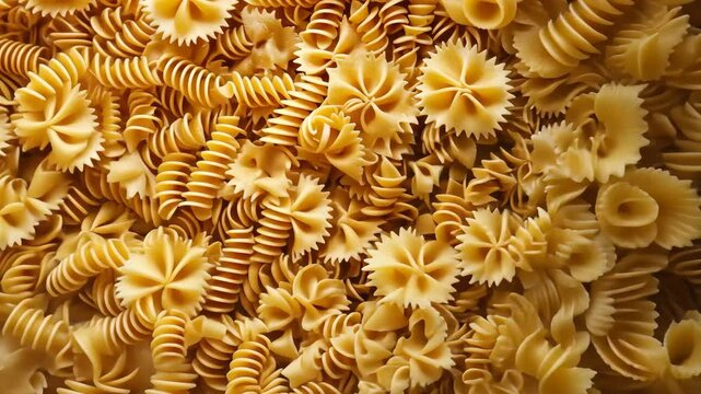A seamless spread of different types of pasta, including fusilli, penne, and farfalle, tightly packed together to fill the entire frame with rich, golden tones.