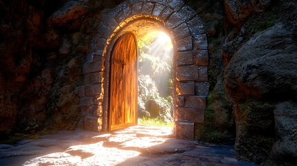 Fototapeta premium Cave entrance, sunlight, stone arch, wooden door, mystical path.