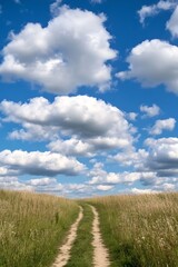 Obraz premium Idyllic Pathway Meandering Through Green Field Under Bright Sky with Fluffy Clouds : Generative AI