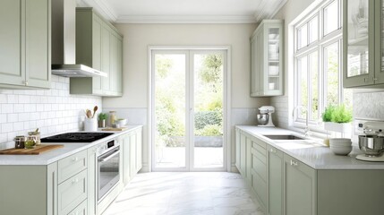 Bright Sage Green Kitchen with White Countertops and Marble Floor