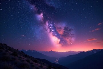 Fototapeta premium Cosmic panorama of the Milky Way galaxy at dusk with twinkling stars and space dust, galaxy, stardust, space dust