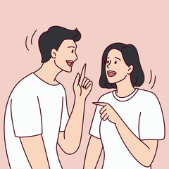 Happy Young Couple Chatting. A cheerful young man and woman laugh and share secrets on a pink background.